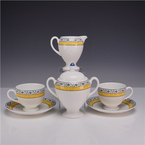 Six-Piece Wedgwood Bone China Teacups, Saucers, Cream and Sugar Set, Mistral