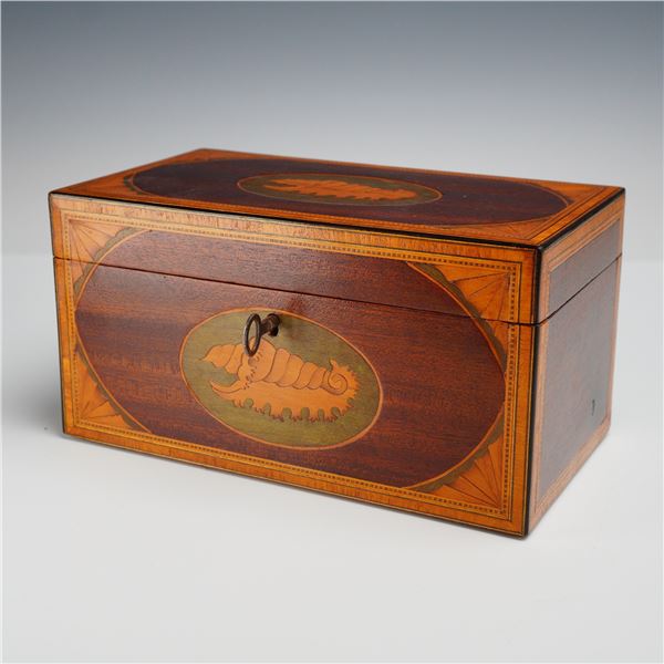 George III Mahogany and Marquetry Conch Shell Inlaid Tea Caddy with Key