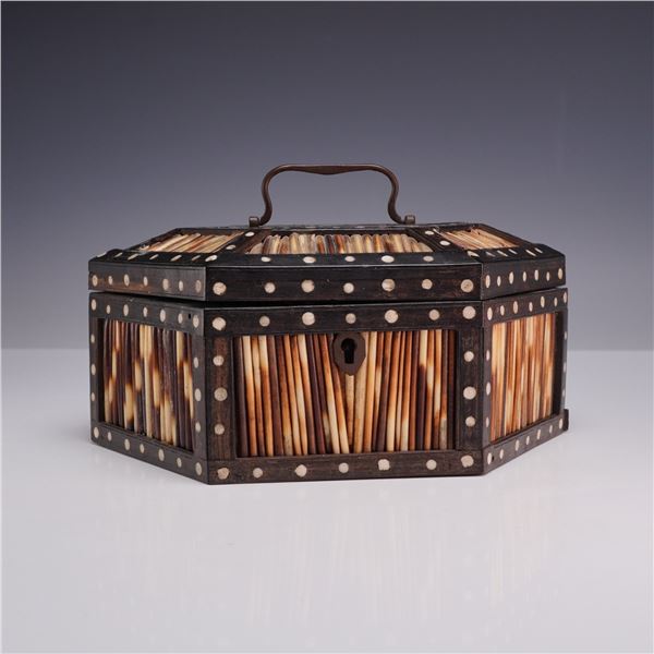 19th Century British Colonial Ceylonese Porcupine Quill and Ebony Hexagonal Box