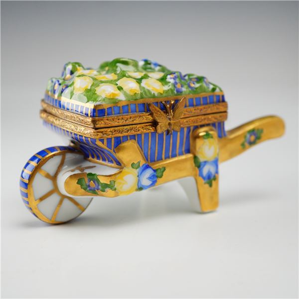 Limoges France Peint Main Porcelain Wheelbarrow Form Treasure Box