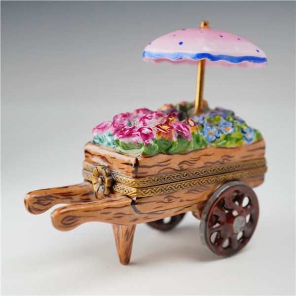 Rochard Limoges France Hand-Painted Porcelain Flower Cart Treasure Box