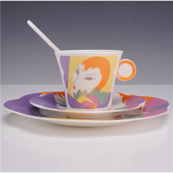 4 Piece Sango Larry Laslo Dessert Set - Plate, Saucer, Teacup and Stirrer, Visage