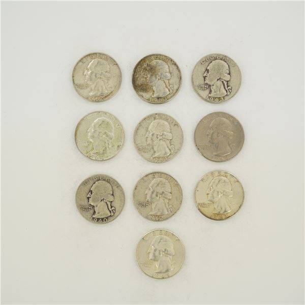 10pc Collection of US 90% Silver Washington Quarters, 1940-1964