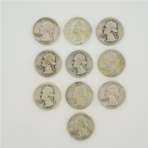 10pc Collection of US Silver Washington Quarter Dollars, 1936-1964