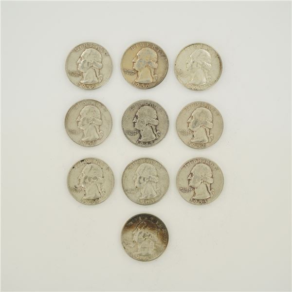 10pc Collection of US Washington Quarter Dollars, 90% Silver, 1945-1964
