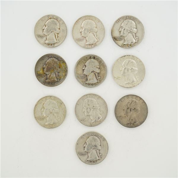 10pc Collection of US Washington Silver Quarters, 1942-1964