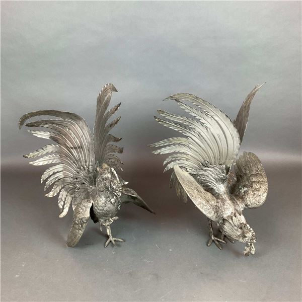 2pc Silver-Toned Cast Metal Fighting Rooster Figurines
