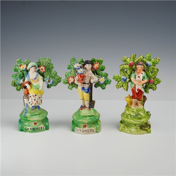 3pc Staffordshire Pottery Figurines, Gardeners & Child w/ Lamb