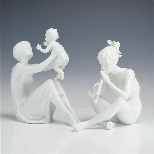 Two Kaiser White Glazed Porcelain Figurines Mother and Child and Flute Player