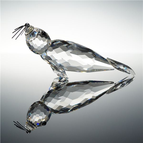 Swarovski Silver Crystal Large Seal Figurine with Whiskers and Original Box