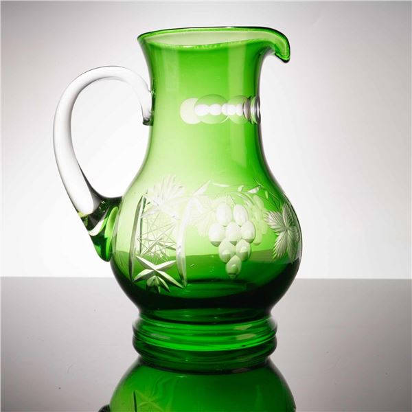 Vintage Green Cut-to-Clear Glass Pitcher, Floral