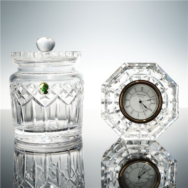 Two Waterford Crystal Pieces including a Lismore Pattern Biscuit Barrel and an Octagonal Desk Clock