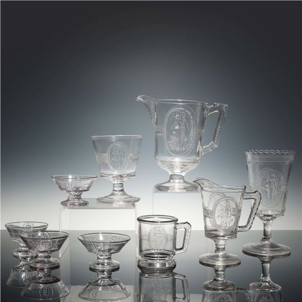 Set of 9 Richards and Hartley Pressed Glass Pitchers and Cups, Cupid and Venus Pattern
