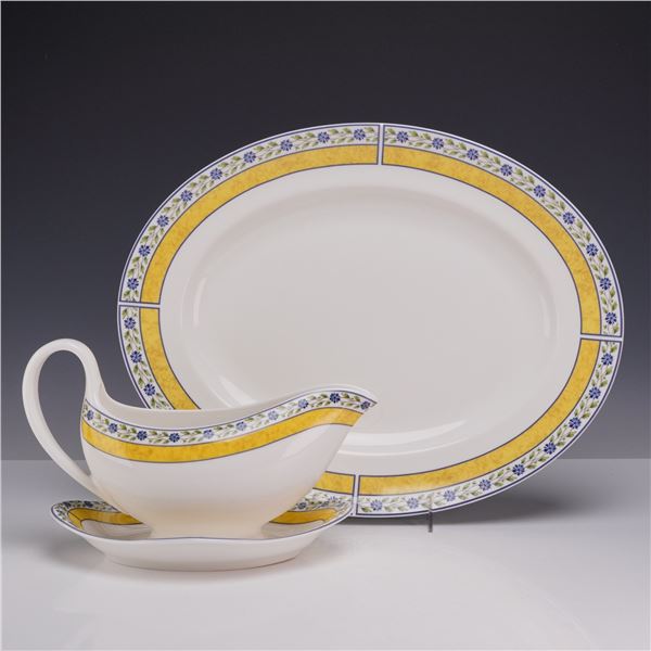Three Piece Wedgwood Bone China Serving Set- Platter, Sauce Boat with Plate, Mistral