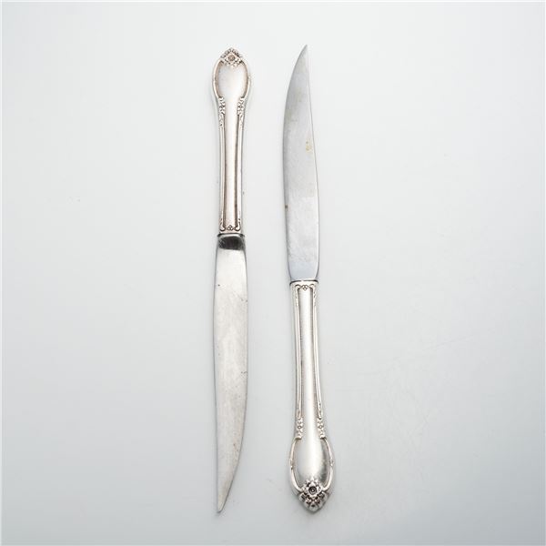 Two Sterling Silver Handled Knives with Floral and Scroll Decoration