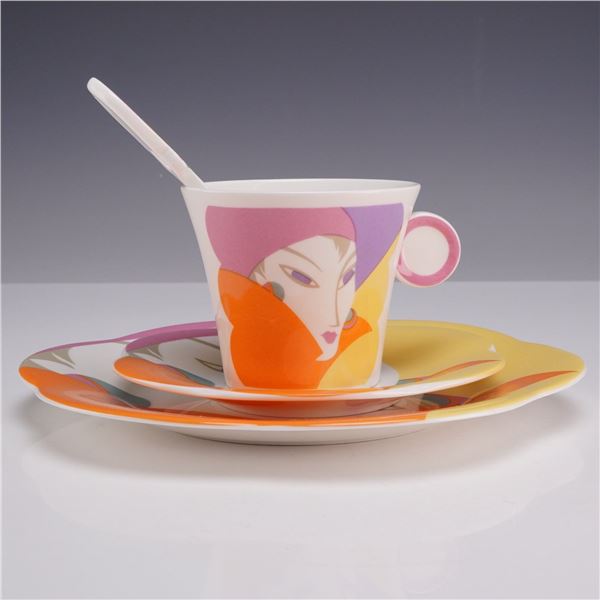 4 Piece Sango Larry Laslo Dessert Set - Plate, Saucer, Teacup and Stirrer, Visage