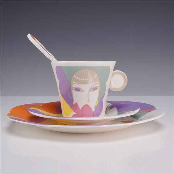 4 Piece Sango Larry Laslo Dessert Set - Plate, Saucer, Teacup and Stirrer, Visage