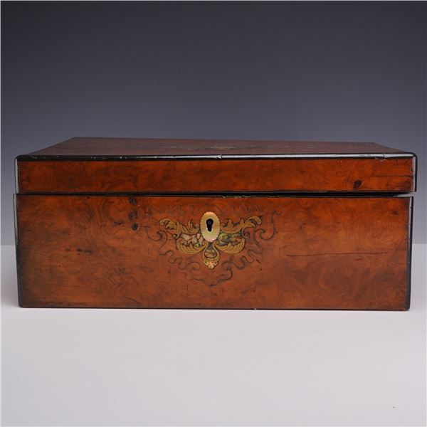 Victorian Wooden Traveling Writing Desk with Ornate Inlay of Brass and Mother-of-Pearl