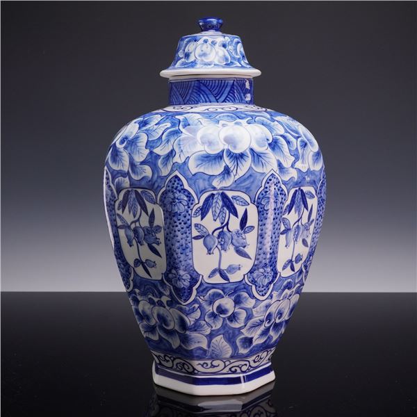 Large Blue and White Octagonal Lidded Temple Jar