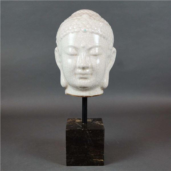 Modern Ceramic Buddha Head with White Crackle Glaze on Marble Stand