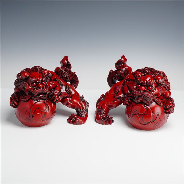 A Pair of Red Cinnabar-Style Resin Chinese Guardian Lions (Foo Dogs)
