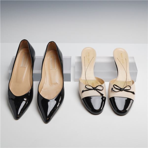 Two Pairs of Designer Shoes: Michael Kors Pointed-Toe Flats and Kate Spade Bowdie Mules, Black and C