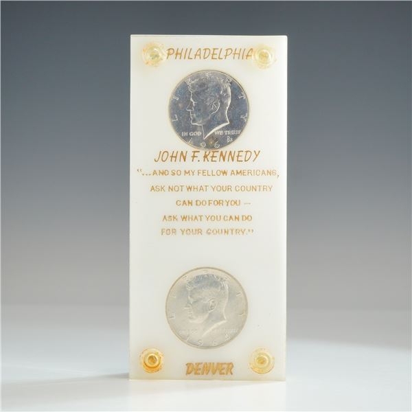 A Pair of US 1964 Silver Kennedy Half Dollars in Memorial Display Case