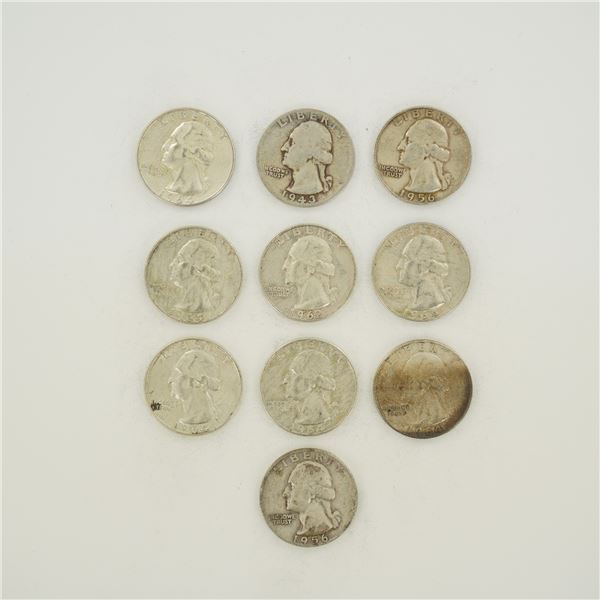 Collection of Ten US 90% Silver Washington Quarter Dollars, 1943-1964