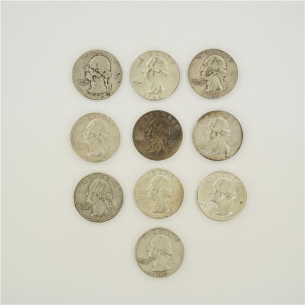 10pc Collection of US 90% Silver Washington Quarters, 1942-1964