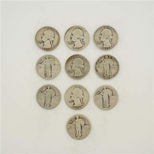 10pc Collection of US Silver Washington and Standing Liberty Quarters