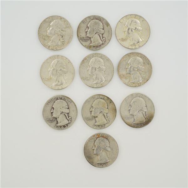 10pc Collection of US Silver Washington Quarter Dollars, 1941-1964