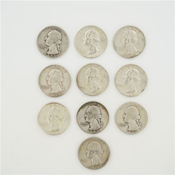 10pc Collection of US Washington Silver Quarters, 1942-1964