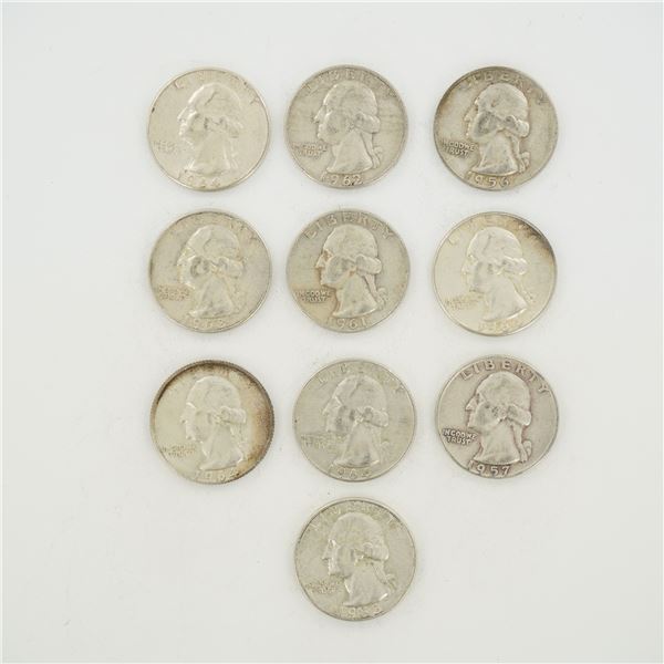 10pc Group of US Silver Washington Quarters, 1956-1964