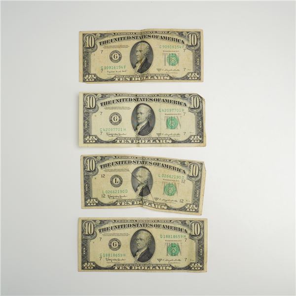 Four US $10.00 Federal Reserve Notes Series 1950 C and 1950 D