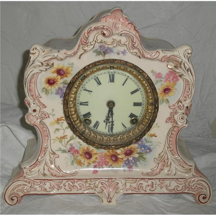 Ansonia Antique Pink Porcelain Mantle Clock With Hand Painted Flowers