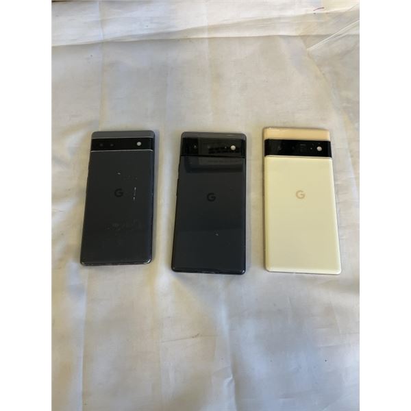 3 GOOGLE PIXEL PHONES INCLUDING A PIXEL 6A AND 2 PIXEL A PRO