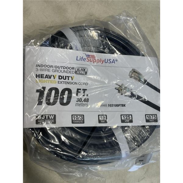 AS NEW BLACK 100FT LIFE SUPPLY HEAVY DUTY INDOOR OUTDOOR 3 WIRE GROUNDED LIGHTED EXTENSION, 10AWG