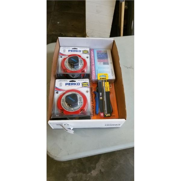 TRAY OF TOOLS INCLUDING 2 PERKO MAIN BATTERY SWITCHES, HAND CRIMP, DEWALT 6" POWER BIT AND 1200PCS T