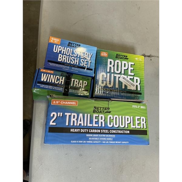 BETTER BOAT  2 INCH TRAILER COUPLER AND ROPE CUTTER, UPHOLSTERY BRUSH AND WINCH STRAP