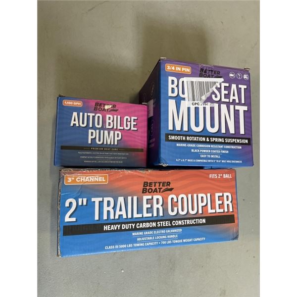 BETTER BOAT 2 INCH TRAILER COUPLER, AUTO BILGE PUMP AND BOAT SEAT MOUNT