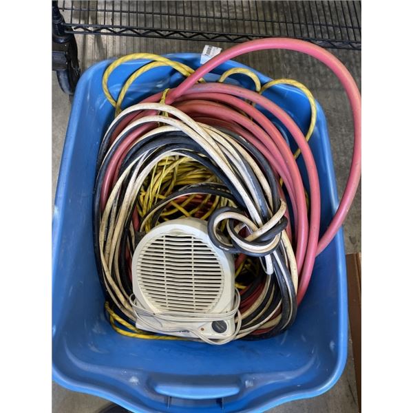 TOTE FULL OF HEAVY DUTY EXTENSION CORDS AND ELECTRIC HEATER