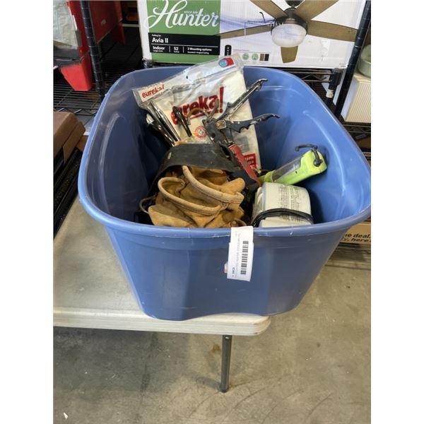 TOTE OF ELECTRIC HEATER, TOOLS BELTS, FRY PANS AND CAULKING GUNS ETC