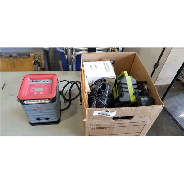 BOX OF ASSORTED BATTERY CHARGERS AND MOTOMASTER INFLATOR