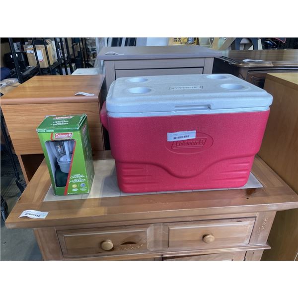 RED COLEMAN COOLER AND COLEMAN BATTERY POWERED LANTERN