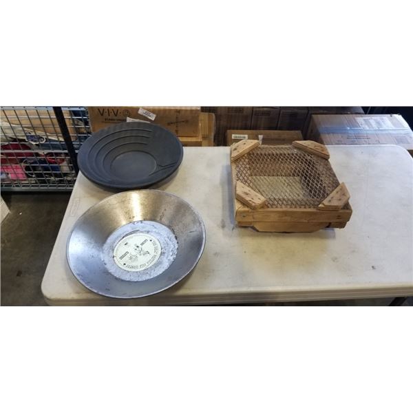 GOLD PANNING EQUIPMENT INCLUDING 2 PANS AND A SCREEN