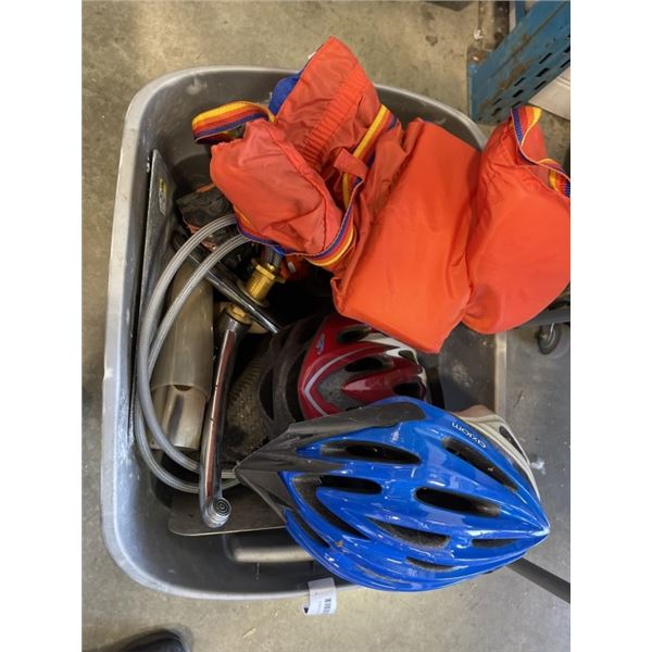 TOTE OF ASSORTED DOLLY WHEELS, HELMETS, KIDS LIFE JACKET ETC