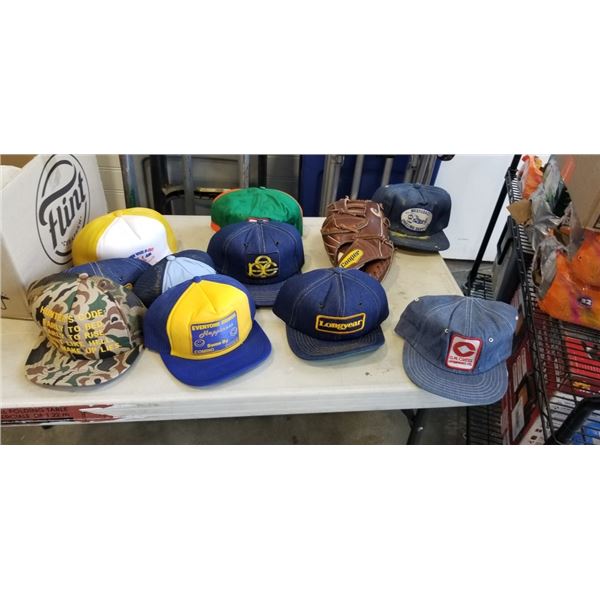 12 HATS, BASEBALL GLOVE AND BALL