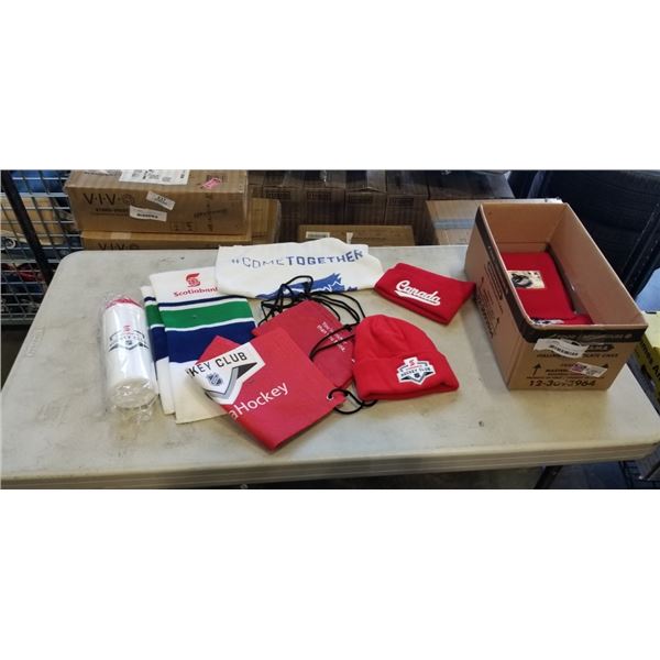 HOCKEY RELATED SCARFS, TOQUES, AND A WATER BOTTLE