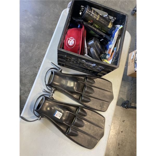 MILK CRATE OF ASSORTED SPORTING GOODS INCLUDING 6 BASEBALL HATS, FLIPPERS AND COLEMAN RECHARGABLE QU