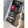 Image 1 : MILK CRATE OF ASSORTED SPORTING GOODS INCLUDING 6 BASEBALL HATS, FLIPPERS AND COLEMAN RECHARGABLE QU
